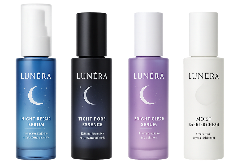 LUNÉRA スキンケア商品ラインナップ - ナイトリペアセラム、タイトポアエッセンス、ブライトクリアセラム、モイストバリアクリーム
